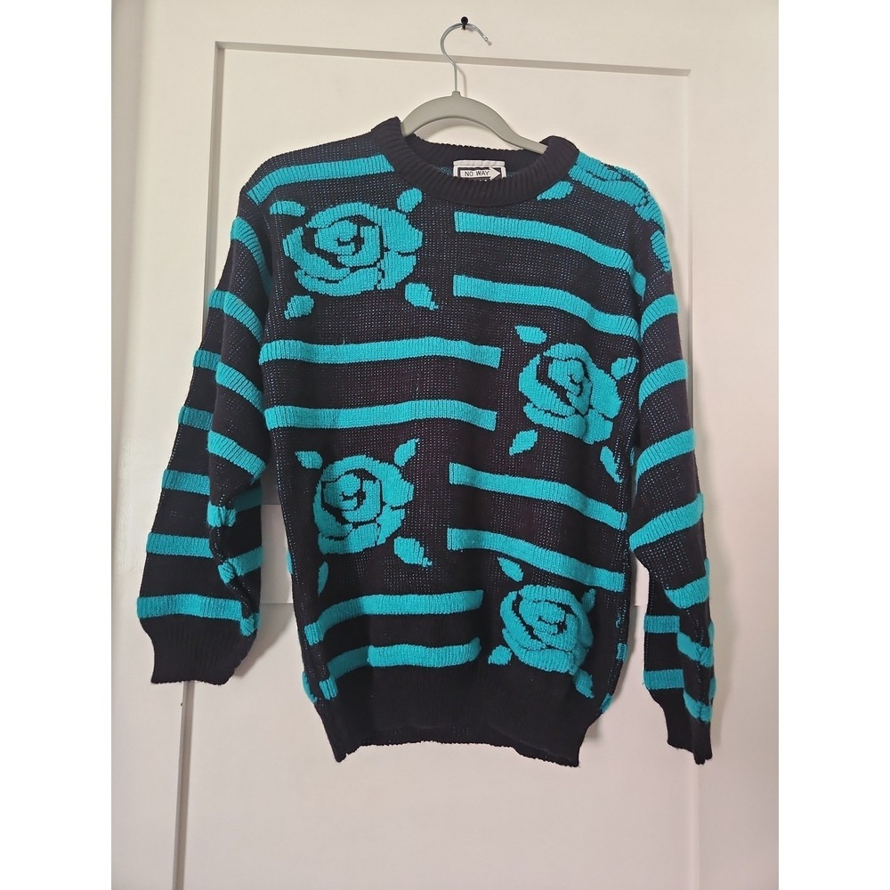 Vintage 80s NO WAY Rose Sweater Teal Black Striped Floral Knit Acrylic USA Made